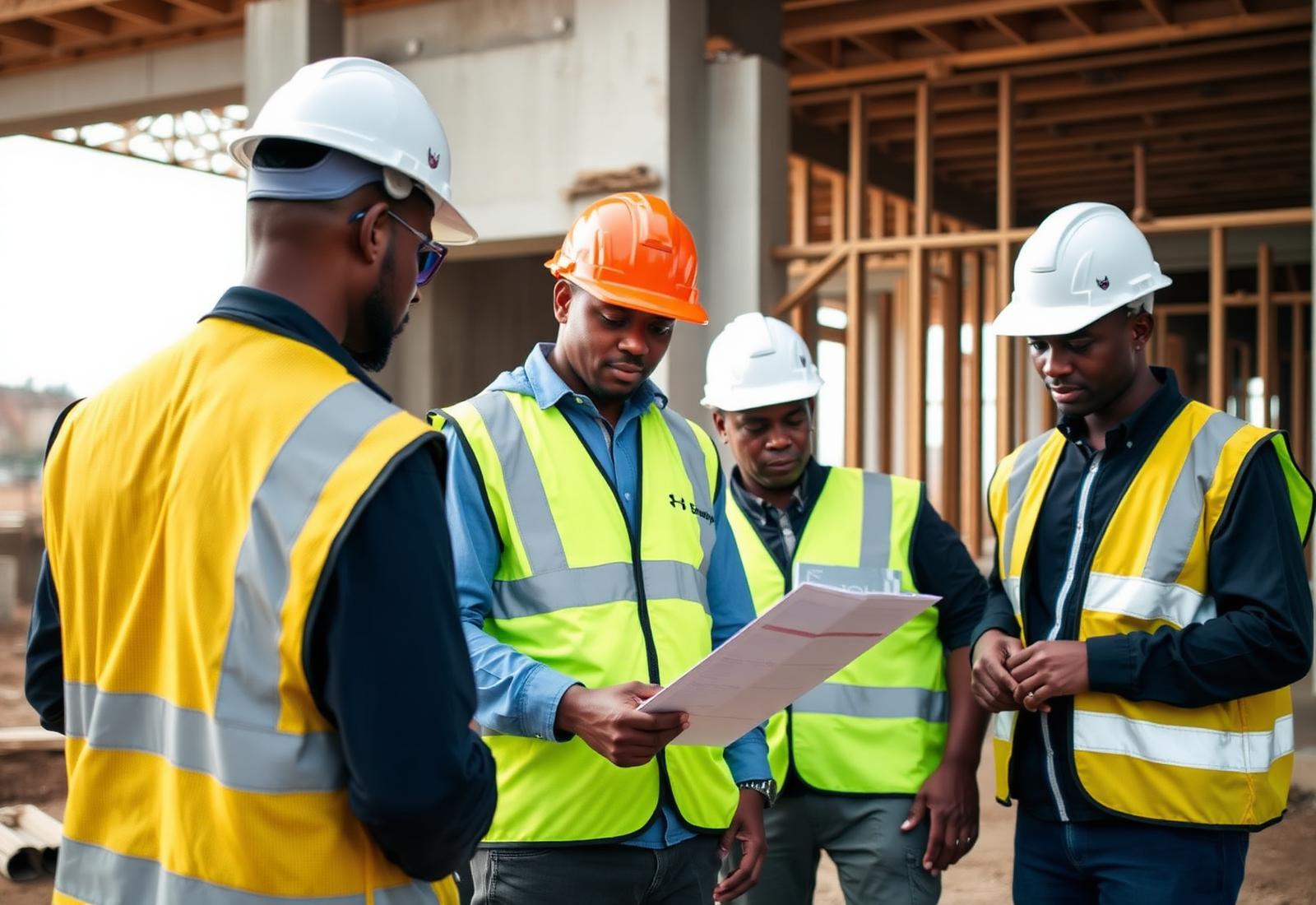 Site team reviewing drawings on a construction site